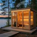 outdoor sauna cabin near lake