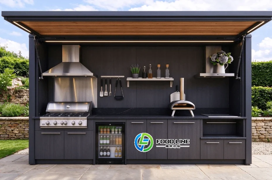 custom bbq kitchen pod with pizza oven and grill