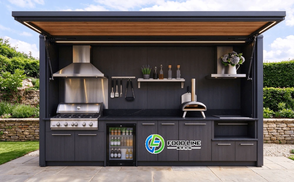 custom bbq kitchen pod with pizza oven and grill