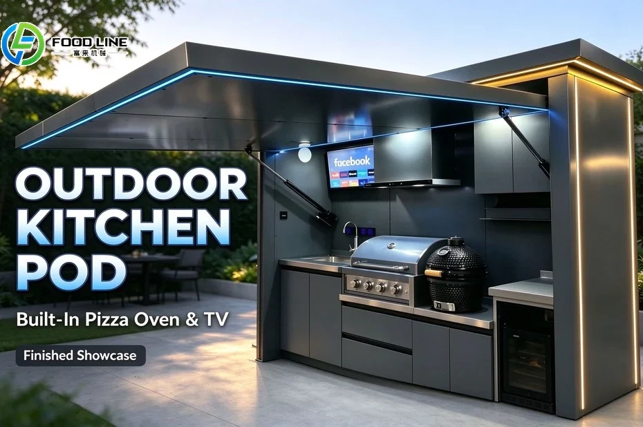 outdoor kitchen pod with pizza oven and TV