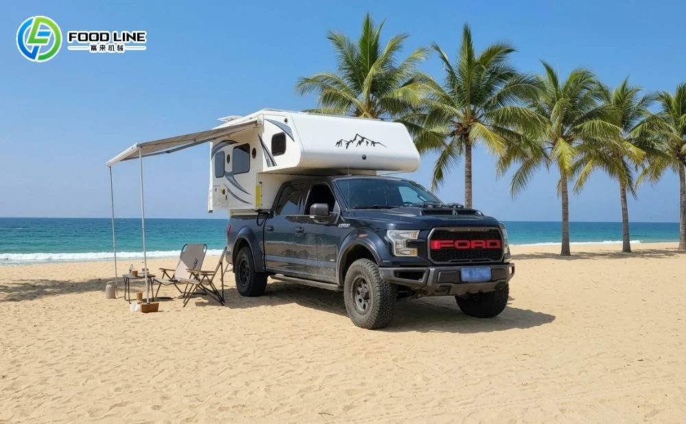 pickup truck camper on beach seaside