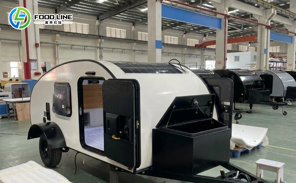 teardrop camper trailer on factory line