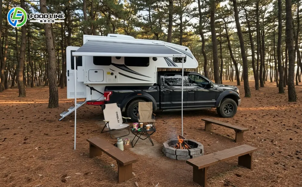 truck camper in pine forest campsite